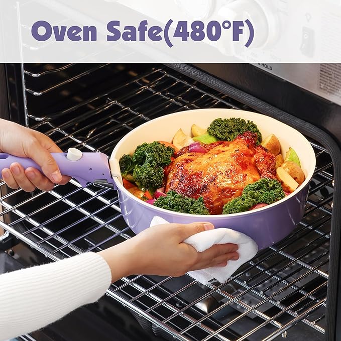 SENSARTE 17 Piece Ceramic Pots and Pans Set, Nonstick Detachable Handle Cookware, Induction Kitchen Cookware Set with Removable Handle, Dishwasher & Oven Safe (Purple)