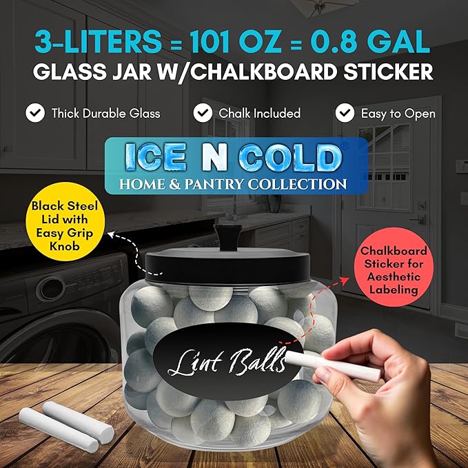 Kitchen and Laundry Storage Glass Jar ā Wide Mouth Round Glass Storage Container with Black Steel Lid and Chalkboard Label - 2 Sticks of Chalk Included (6, 3L | 101oz | 0.8 Gallon)