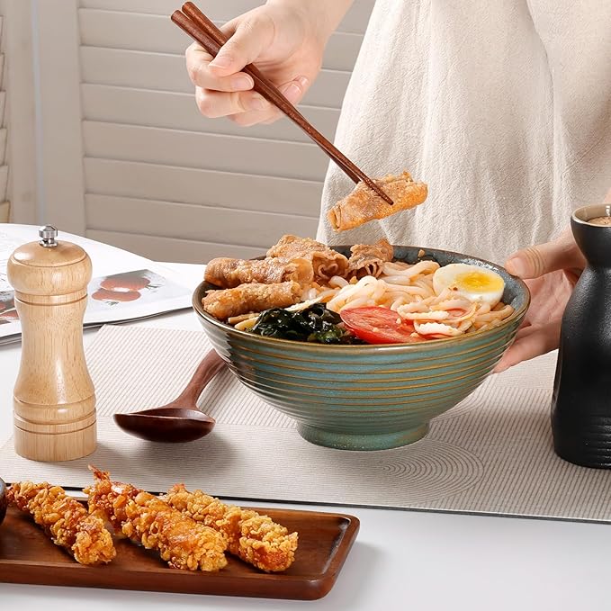 NUTRIUPS 8 Inch Ceramic Ramen Bowl Set of 2 Pho Bowls 40oz Japanese Noodle Udon Soup Bowls with Spoons and Chopsticks (Blue Peacock)