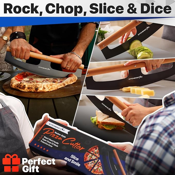 KitchenStar 14-Inch Pizza Cutter Rocker Blade - Razor Sharp Stainless Steel Slicer Knife, Stylish Beech Wood Handle, Protective Cover - Professional Pizza Oven Accessories, Black