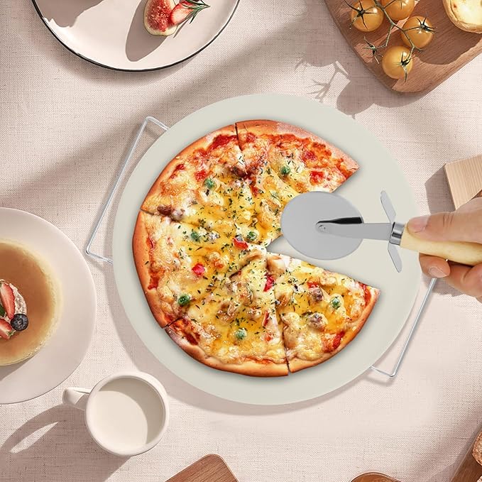 13 Inch Round Pizza Stone Pan, Heat Resistant Pizza Stone Baking Tray with Pizza Roller, Heavy Duty Cordierite Pizza Cooking Pan, Easy to Clean Baking Tool Set Suitable for Pizzas