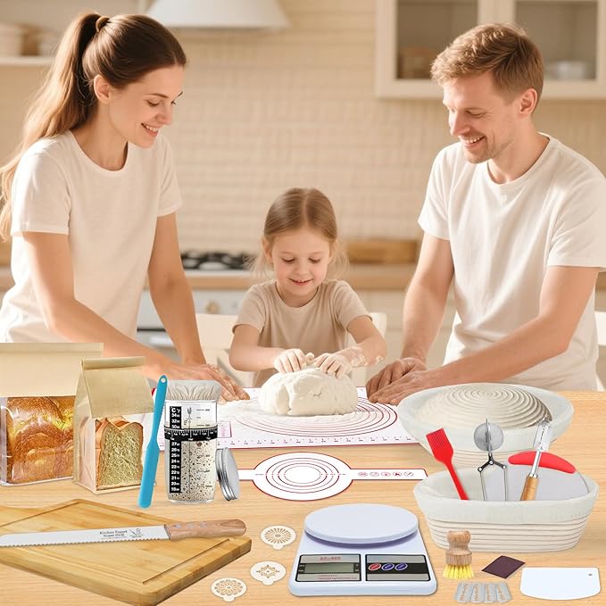 10 Inch Round & Oval Sourdough Proofing Basket Set, Banneton Bread Proofing Basket with Starter Jar, Sourdough Starter Kit Includes Bread Knife & Bread Board Natural Rattan for Perfect Loaves