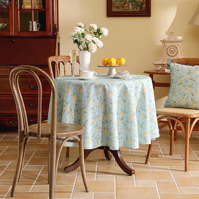 patdrea Designer Green Tablecloth for Round Tables,Vintage Linen with Yellow Fruits Pattern Tablecloths,Cottage Rustic Table Cover Cloth Decor for Kitchen Dining Christmas,Diameter 55"