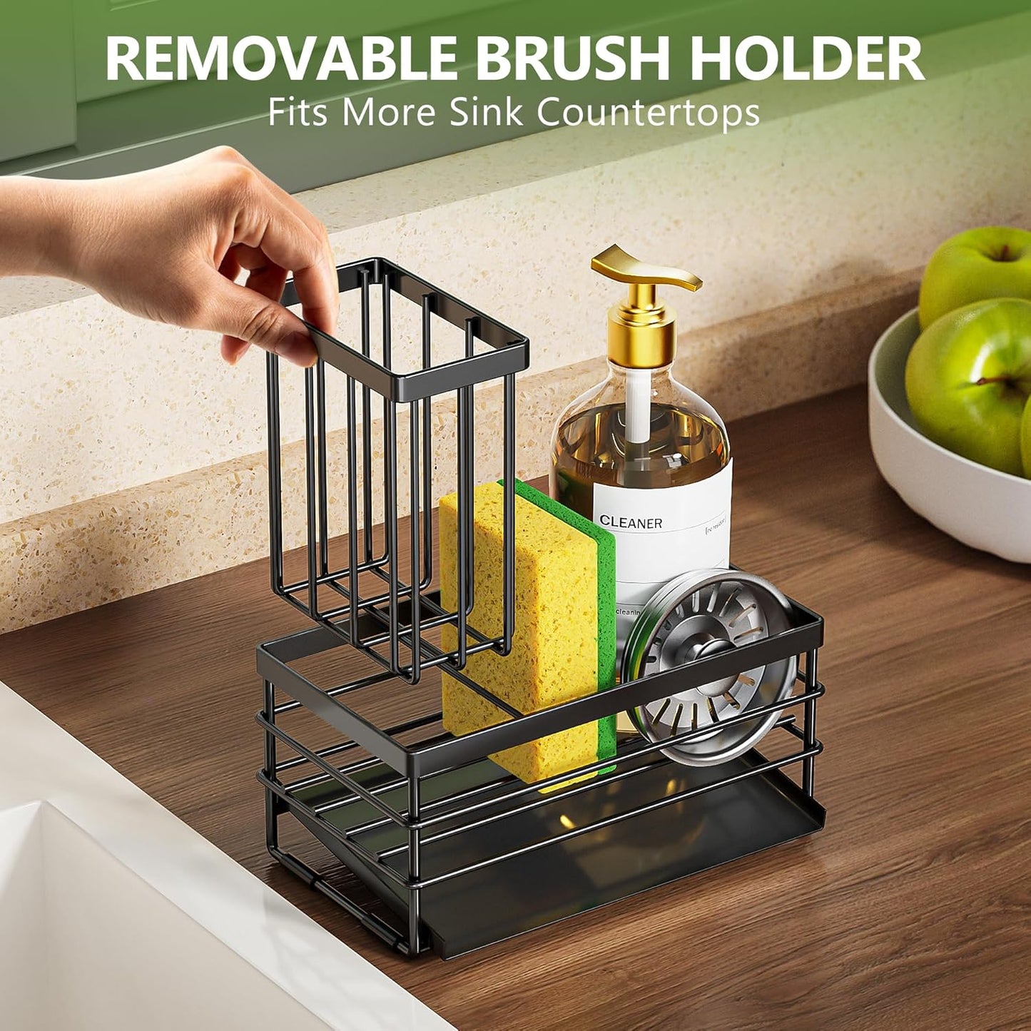 Cisily Sink Caddy Sponge Holder for Kitchen with Brush Holder and Stainless Steel Self Drain Tray, Rustproof Kitchen Sink Organizer for Sponge, Soap Dispenser Storage Accessories (Black)