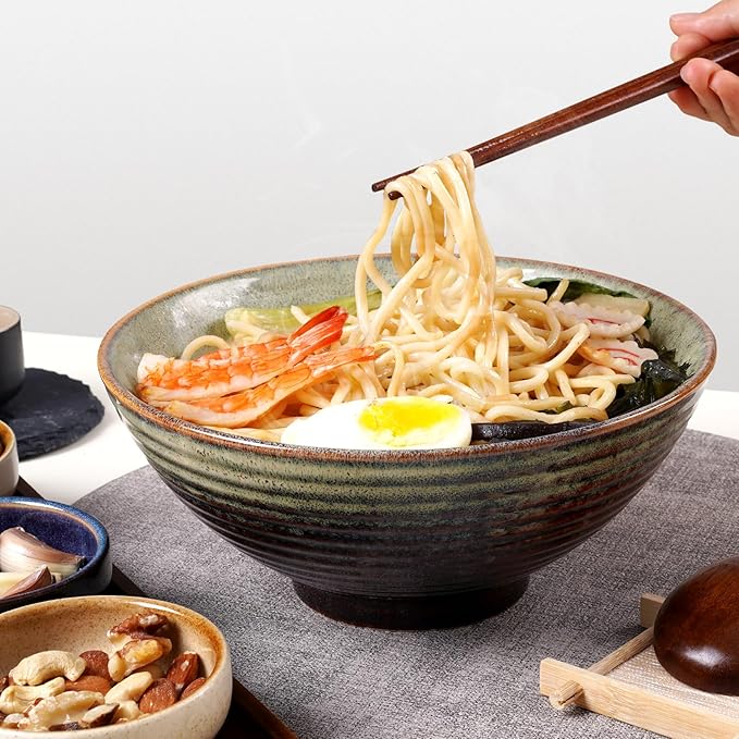 NUTRIUPS 8 Inch Ceramic Ramen Bowl Set of 2 Pho Bowls 40oz Japanese Noodle Udon Soup Bowls with Spoons and Chopsticks (Misty Blue)