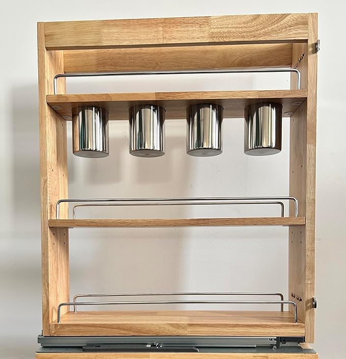 DINDON Pull Out Spice Rack Cabinet Organizer, (5" W x 21.9" D x 25.2" H) Multi-Use Soild Wood Pull Out Cabinet Organizer With 4 Movable Stainless Steel Cutlery Storage Buckets for Kitchen Organization