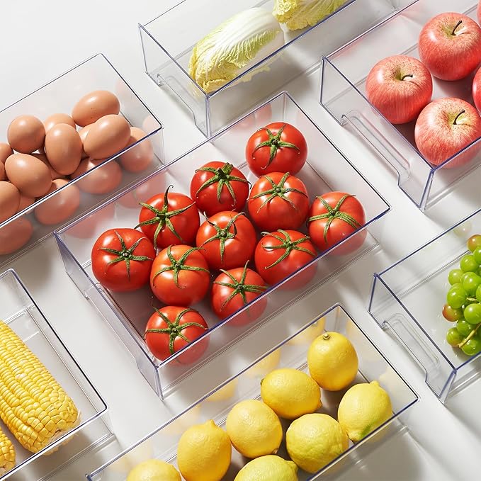 PeJeyiee Clear Stackable Refrigerator Organizers and Storage Drawers - Pull-Out Fridge Bins with Anti-Slip Base & Easy Clean, Plastic Organizers for Kitchen Pantry Cabinet Closet (2XL)