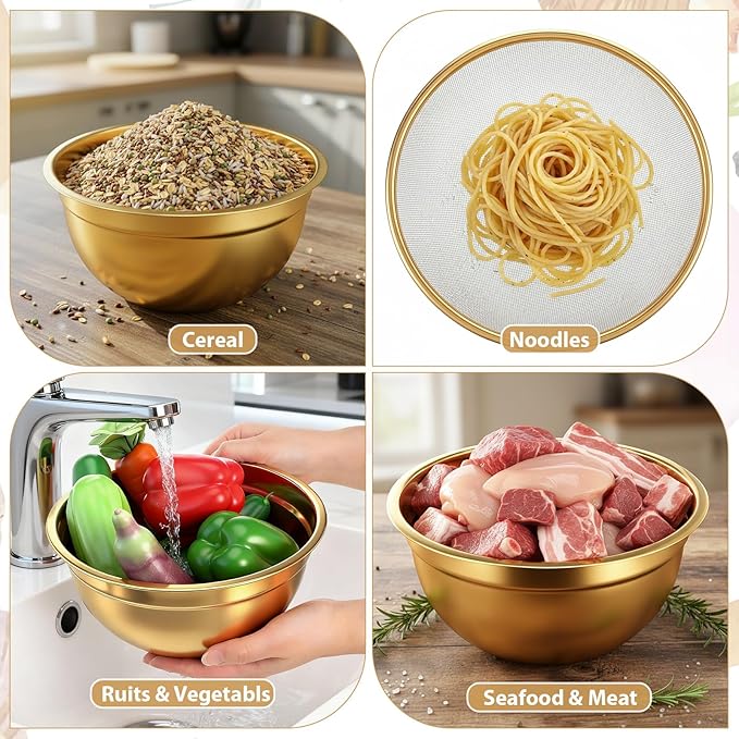 SHENLIU 5 Pcs Gold Mixing Bowls with Airtight Lids, Stainless Steel Mixing Bowl with Colander Metal Nesting Organizers for Kitchen Prepping Serving Food, Non-slip Bottom Size 5.5, 3.6, 2.7, 2.1Qt