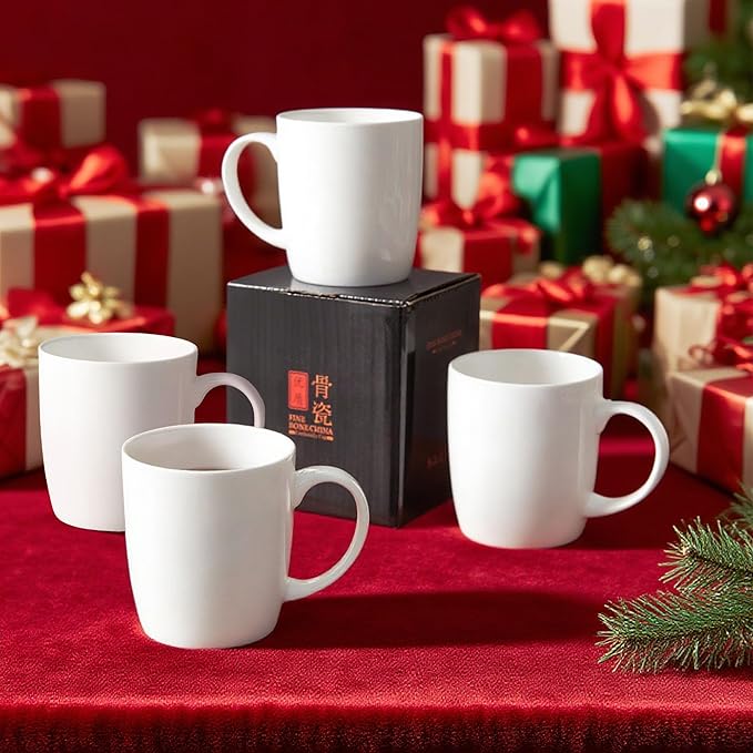 Luxury Bone China Mug Set (12 oz, Set of 4) – White Fine Porcelain Mugs for Tea, Coffee, Latte Art, Barista Use, Elegant Gifting