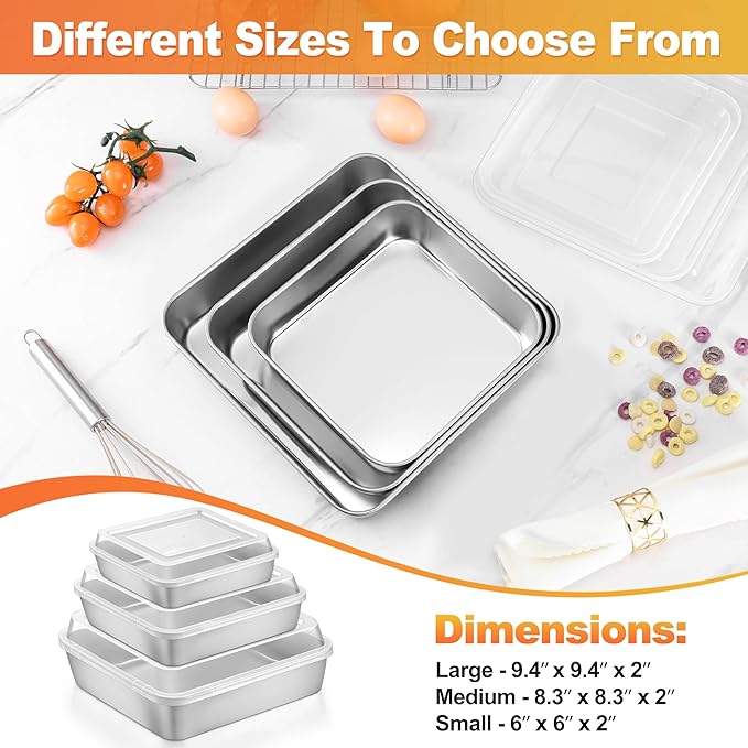 Herogo 8''x 8'' Square Cake Pan, Stainless Steel Square Baking Pan with Lid, Rectangle Cakes Brownie Lasagna Bakeware Set of 4, Healthy & Dishwasher Safe