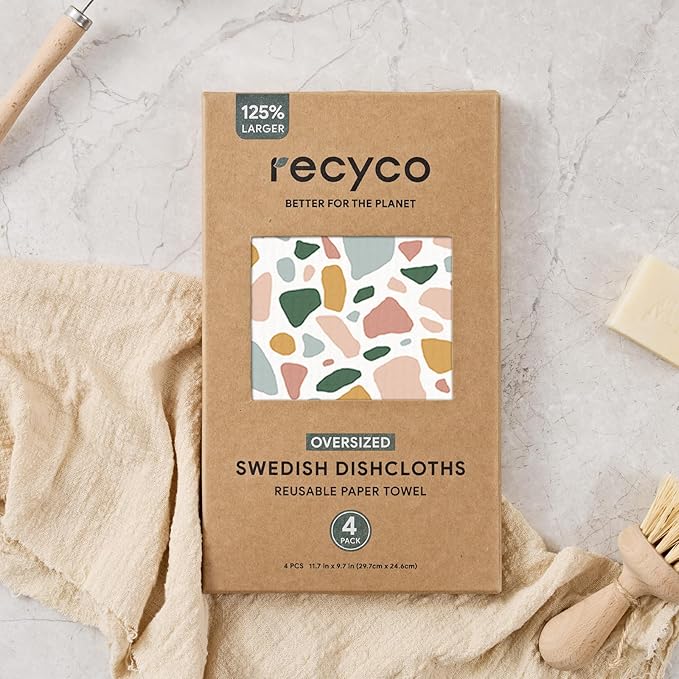 RECYCO Swedish Dishcloths for Kitchen | 4 Pack Oversized Washable Dish Rags | Large Cellulose Reusable Cleaning Paper Towels | Absorbent Counter Dish Cloth Sponge XL Kitchen Wipes, 12" L x 10" W