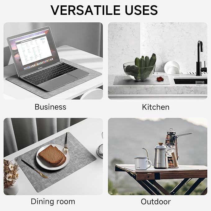 Faux Leather Vinyl Placemats Set of 6 Wipeable Heat Resistant Place Mats 100% Washable - Waterproof - Anti Slip Reversible Table Mats for Kitchen/Dining/Party, 12" x 16.5", Smokey Grey & Dark Grey