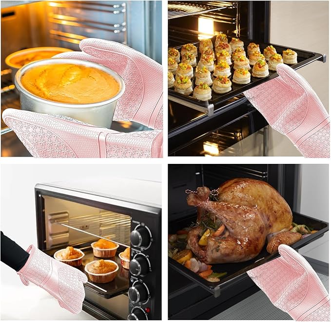 Hovico Silicone Oven Mitts, Heat Resistant 500F Kitchen Mitts 2PCS, 11.6" BPA-Free Soft Baking Gloves, Non-Slip Grip Oven Gloves with Soft Cotton Lining for Kitchen Cooking Baking BBQ - Pink