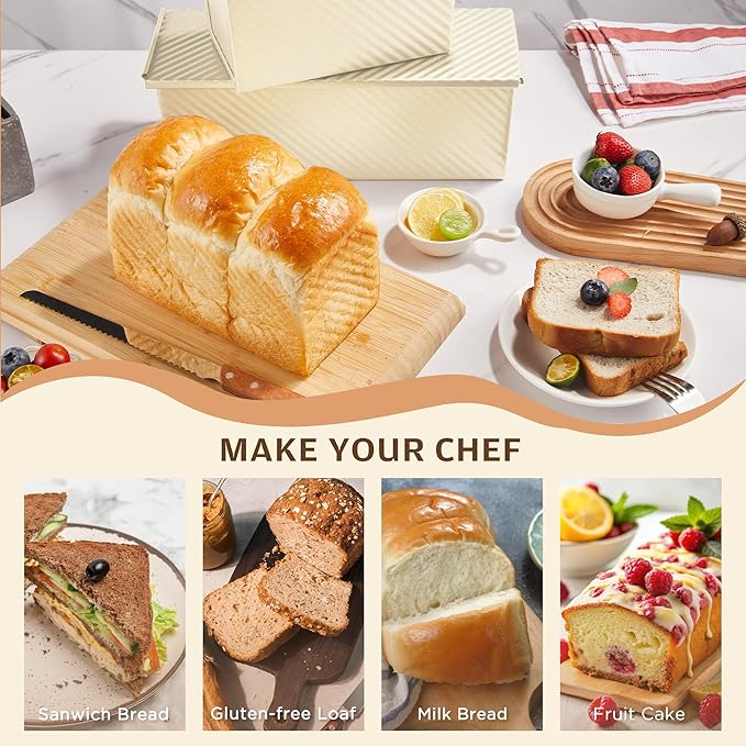 KITESSENSU Pullman Loaf Pan with Lid, 1 lb Dough Capacity Non-Stick Bakeware for Baking Bread, Carbon Steel Corrugated Bread Toast Box Mold with Cover,Cream