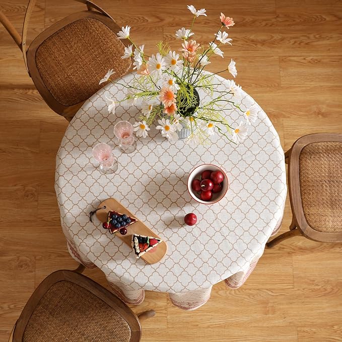 French Tablecloth for Round Tables,Floral Linen Table Cloth with Flaxen and Red Undertones,Heavy Durable Table Cover for Dining Thanksgiving Kitchen Decor Party Christmas,Diameter 55"