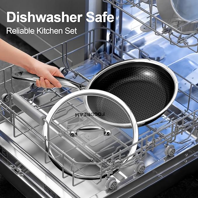 Fogdream 3PCS Pots and Pans Set Non Stick, Stainless Steel Pan, Dishwasher and Oven-Safe Frying Pan, PFOA Free and Induction Compatible Cookware Set, Silver