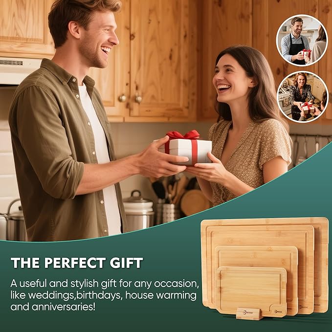 Bamboo Cutting Board Natural Bamboo Set With Smooth Surface 4 Packs with Non Slip Feet Holder and Over Sink Solid Thick Durable Wood Charcuterie Serving Tray Vegetables Fruits Kitchen Gifts (Natural)