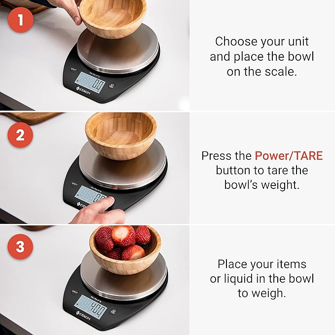 Etekcity 0.1g Food Scale, Bowl, Digital Grams and Ounces for Weight Loss, Dieting, Baking, Cooking, and Meal Prep, 11lb/5kg, Stainless Steel Black