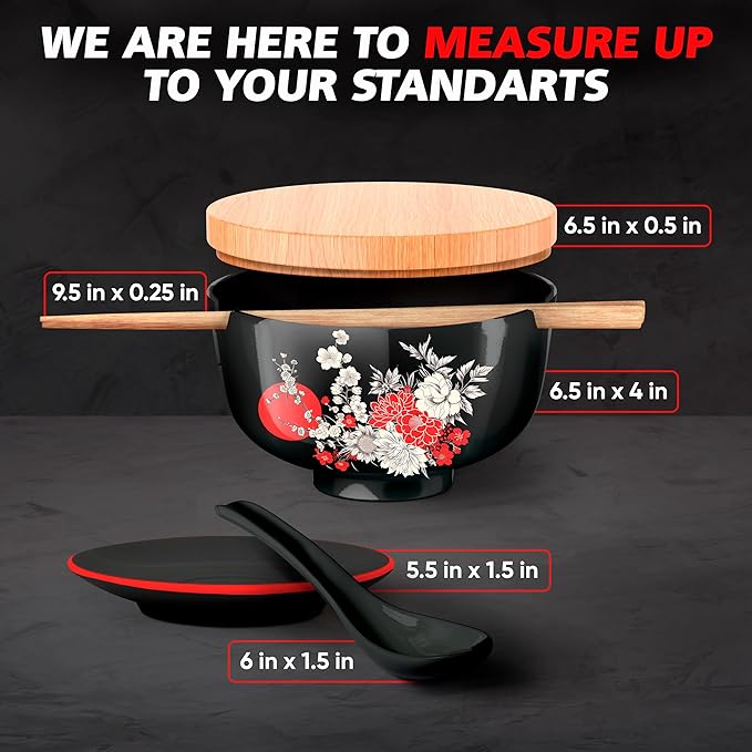 Japanese Ramen Bowl Set of 4-20 Pcs, 32 Oz Ceramic Microwaveable & Dishwasher Safe Large Noodle Bowls with Lid & Built-In Chopstick Holder, Pho, Udon, Thai, Korean, Rice - 6.5 Inch