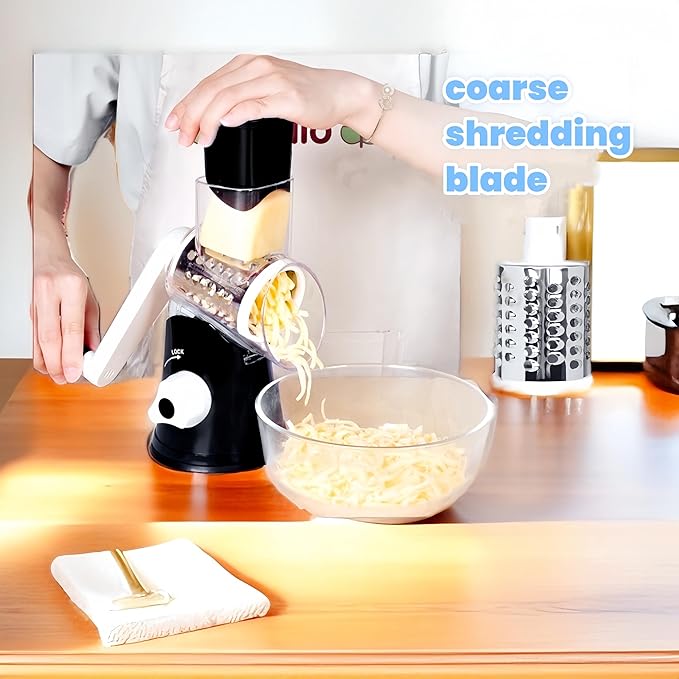 Rotary Cheese Grater Hand Crank, Grater For Kitchen With Reinforced Suction - Rotary Cheese Grater With 3 Replaceable Stainless Steel Blades - Easy to Use & Clean - Vegetable Cutter (Black)