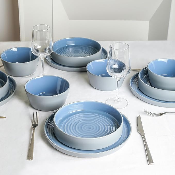 Stone Lain Elica 12-Piece Modern Dinnerware Set Stoneware, Plates and Bowl Sets for 4, Blue and Grey