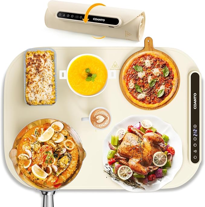 Coanto Food Warming Mat, Electric Warming Tray for Buffets & Parties, Silicone Heating Mat with 7 Temperature Settings, Roll-Up Storage, 17.91"x12.8", Beige
