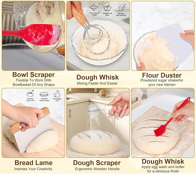 Sourdough Bread Baking Supplies, Complete Sourdough Starter Kit, 9" Round & 10" Oval Bread Proofing Basket with Sour dough Starter Jar, Bread Making Tools Gifts for Bakers Women Wife Mom