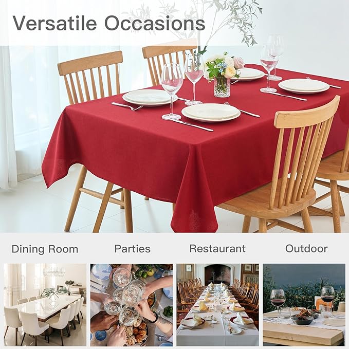 maxmill Linen Textured Rectangular Tablecloth Water Resistant Wrinkle Free Spill-Proof, Soft Table Cloth for Dining Room Christmas Decoration, Banquet Party Holiday Webbing Dinner, 60 x 84 Inch Red