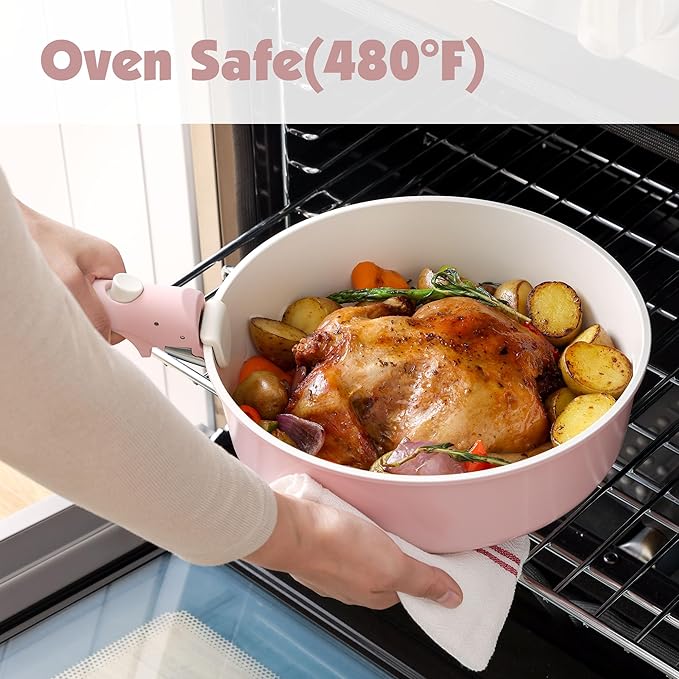 SENSARTE 17 Piece Ceramic Pots and Pans Set, Nonstick Detachable Handle Cookware, Induction Kitchen Cookware Set with Removable Handle, Dishwasher & Oven Safe (Pink)