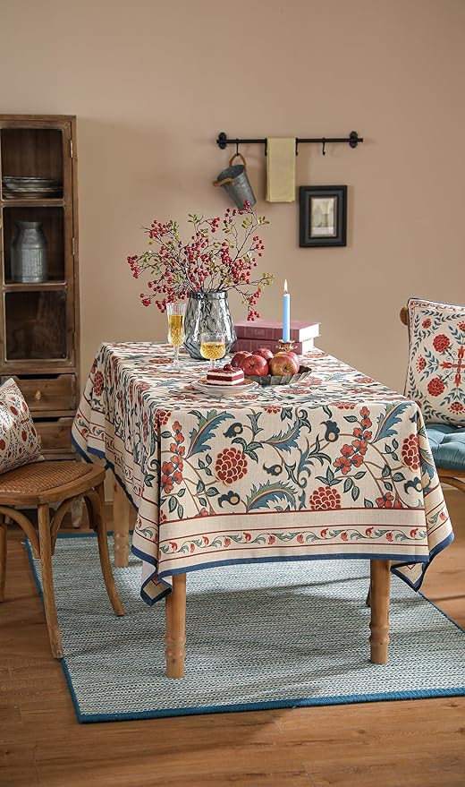 patdrea Designer Floral Linen Table Cloth Durable Breathable Tabletop Cover Dacorative Kitchen Dining Tablecloth for Rectangular Tables for Kitchen Dining Parties,Holiday Christmas,63"x 110"