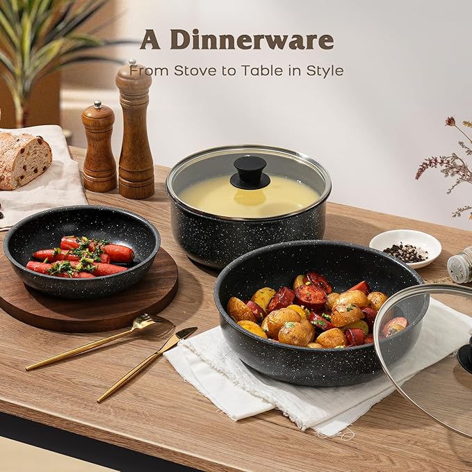 17 Pcs Pots and Pans Set Non Stick, Cookware Sets with Detachable Handle, Nonstick RV Kitchen Cooking Tools Removable Handles, Oven Safe, Induction Fast, Stackable Induction Cookware, Black