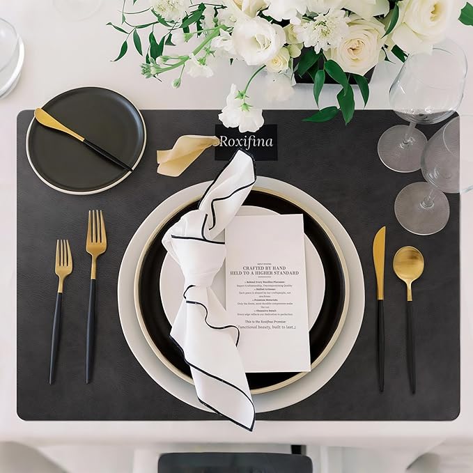 Roxifina Faux Leather Placemats Set of 8 - Vinyl Placemats Wipeable Waterproof Oil-Proof PU Place Mats Heat Resistant Reversible Table Mats for Dining, Kitchen, Outdoor, 12 x 17 Inch (Black)