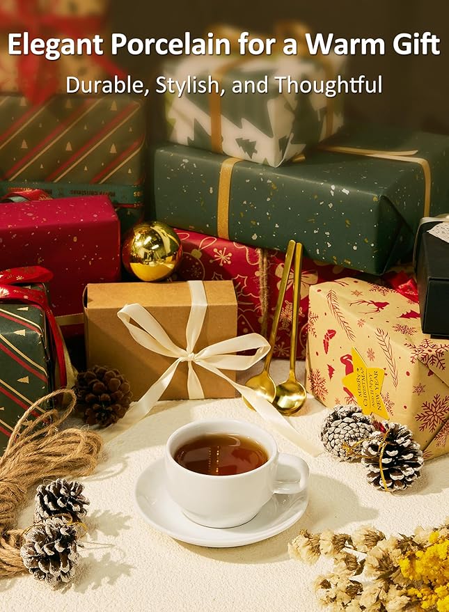 Yedio 4 oz Espresso Cups with Saucers and Metal Stand, Porcelain Stackable Coffee Cappuccino Cups Set of 4, White