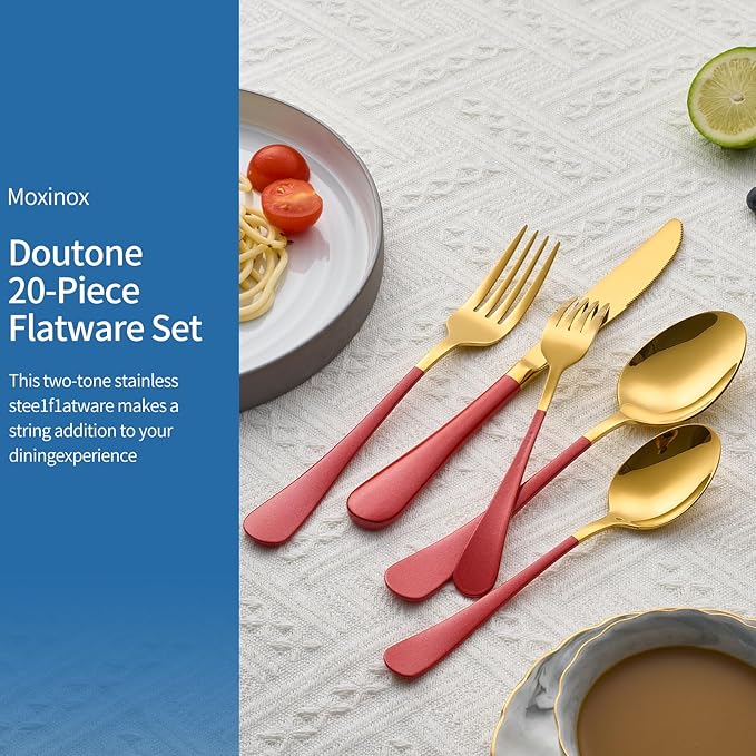 20-Piece Red & Gold Silverware Set, 18/0 Stainless Steel Colorful Handle Flatware Set,Service for 4,Modern Cutlery Set Includes Dinner Knives Forks Spoons,Mirror Polished,Dishwasher Safe