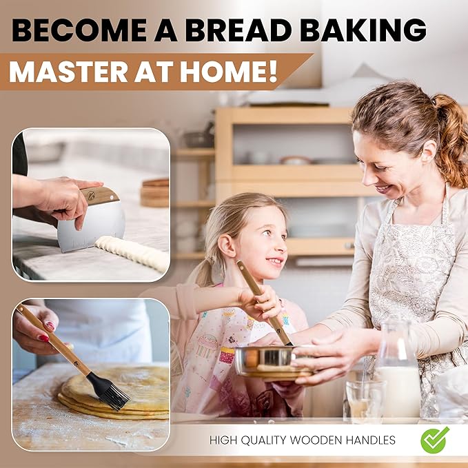 Danish Dough Whisk Stainless Steel Set 4PCS ā Dough Hook 13'', Sourdough & Bread Making Tools Kit ā Includes Wooden Bench Scraper, Bread Lame & Pastry Brush ā Top Sour Dough Tools for Baking