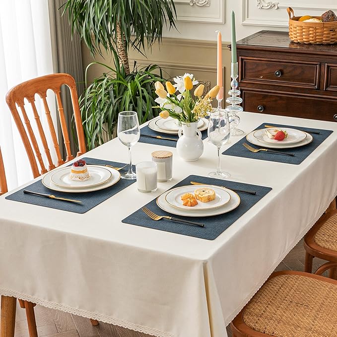 Romanstile Vinyl Placemats Set of 12-12 X 18 Inch - Heat Resistant Place Mats 100% Waterproof Oilproof Wipeable Reversible Faux Leather Table Mats for Kitchen/Dining/Party/Outdoor, Navy Blue