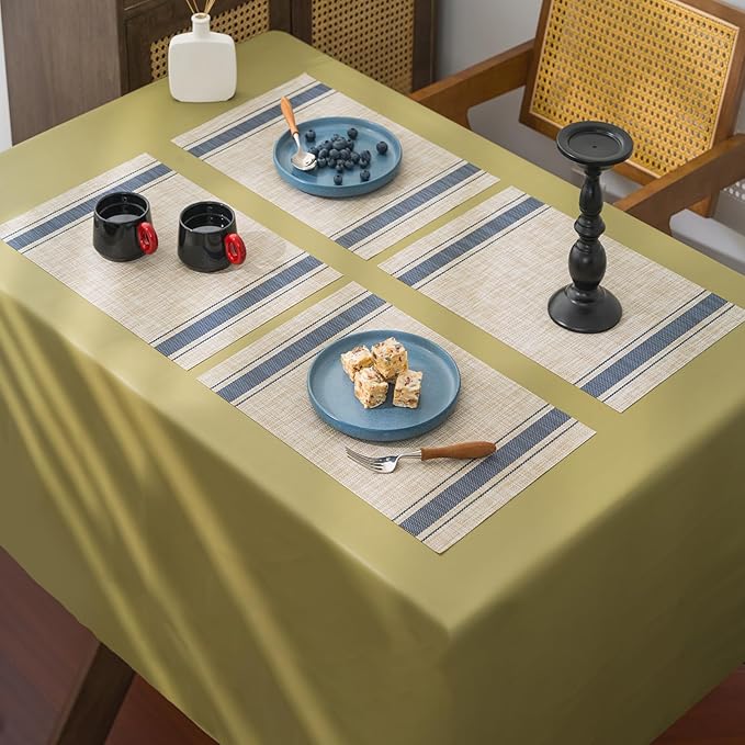 BACKTOEDEN Placemats Set of 6 Heat Resistant Washable Wipeable Placemat Woven Non-Slip Foldable Vinyl/Plastic Place Mats Indoor/Outdoor Mat Kitchen Dining Table Pad, Blue Skyline