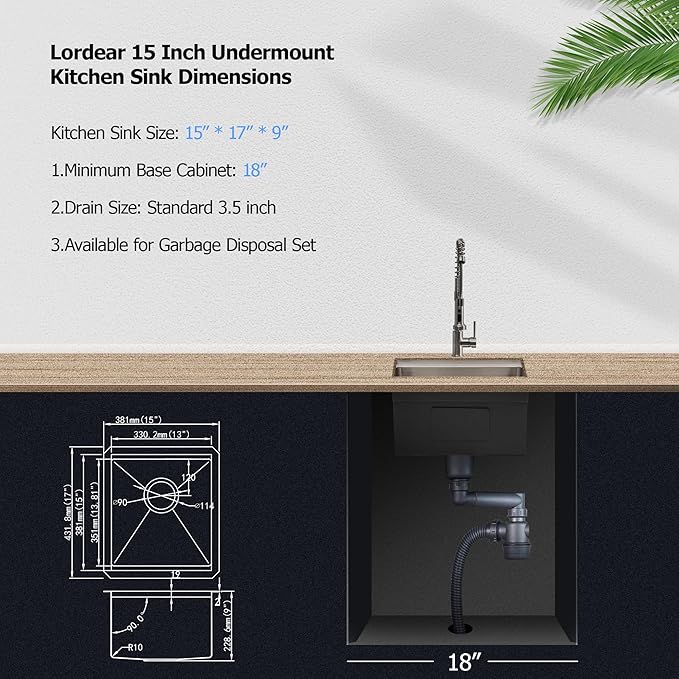 Lordear 15x17 Inch Undermount Kitchen Sink Bar Prep Sink 16 Gauge Stainless Steel Workstation Sink 15” With Cutting Board