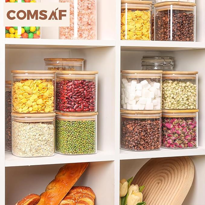 ComSaf 0.7 Qt Glass Food Storage Jars Set of 9, Clear Glass Storage Containers with Lids, Pantry Organization Jar, Spice, Blooming Tea, Oat, Coffee and Sugar Container, Small Canister Set for Kitchen