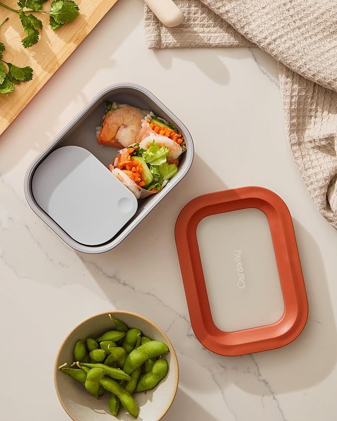 Caraway 6pc Glass Food Storage Set - 2.6 Cup Storage Containers For Food (6) - Non-Toxic Ceramic-Coated Glass - Air Release Technology - Compact & Stackable Design - Cream