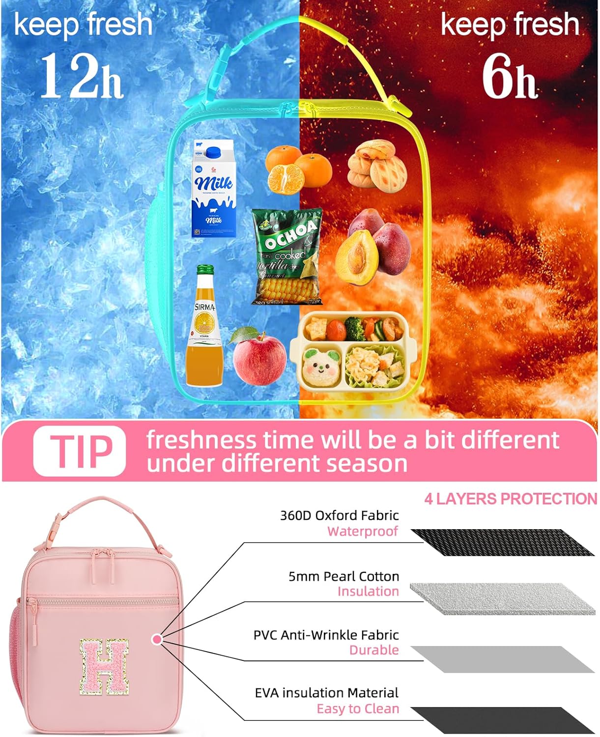 Initial Insulated Lunch Bag for Girls Kids, Back to School Gift, Reusable Leak-proof Lunch Box with Adjustable Strap for School Daycare Travel Picnic (Pink,H)