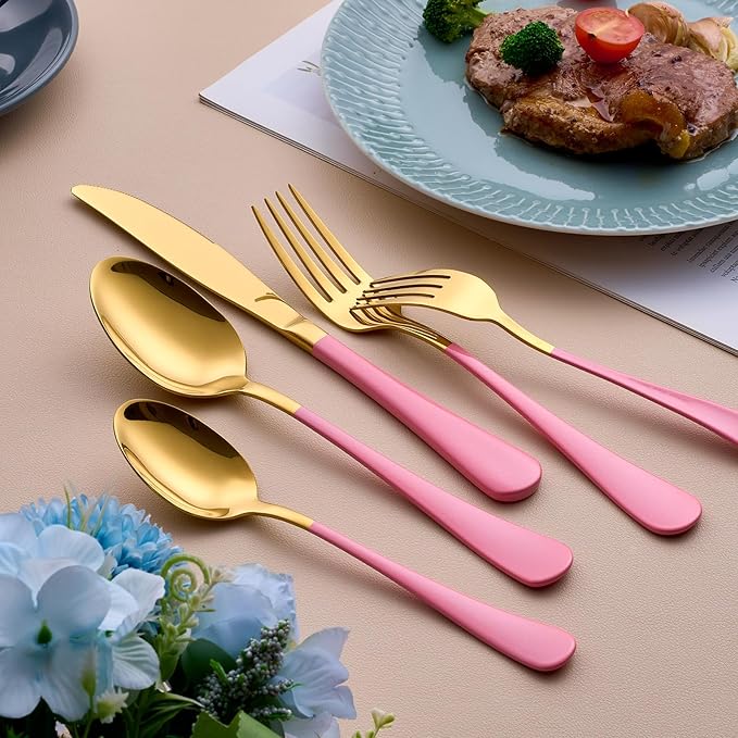 20-Piece Gold & Pink Silverware Set for 4, 18/0 Stainless Steel Flatware Cutlery Utensils Set, Includes Dinner Knives, Forks, Spoons, Salad Forks, Teaspoons, Dishwasher Safe