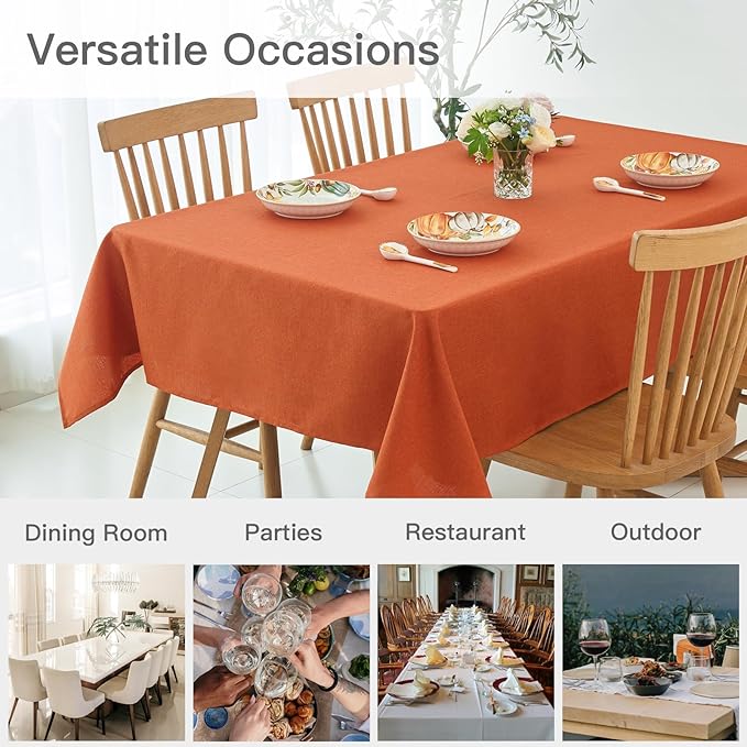 maxmill Fall Tablecloth Linen Texture Stain Resistant Waterproof Wrinkle Free Spillproof Washable Fabric Tablecloths, Dining, Harvest Thanksgiving Dinner Table Cloth, Rectangle 60 x 140 Inch, Rust