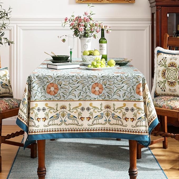 patdrea Designer French Linen Blue Tablecloth for Rectangle Table,Vintage Floral Table Cloth,Colorful Decoration Fall Cover Kitchen Dining for Thanksgiving,Christmas,63"x102"-Wensel