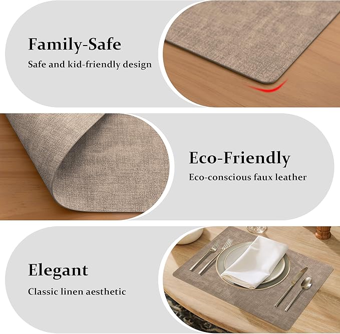 FROMHEART Faux Leather Placemats Set of 4–Waterproof,Heat/Oil Stain-Resistant PU Table Mat–Reversible,Non-Slip,Easy to Clean Place Mats for Kitchen,Dining,Indoor/Outdoor,(Light Coffee,11.8" x 17")