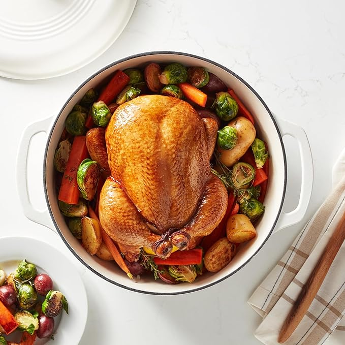 Amazon Basics Cast Iron Dutch Oven Pot with Lid, Enameled, Round, Dual Handles, Heavy-Duty, Large, 7.3-Quart, Matte White