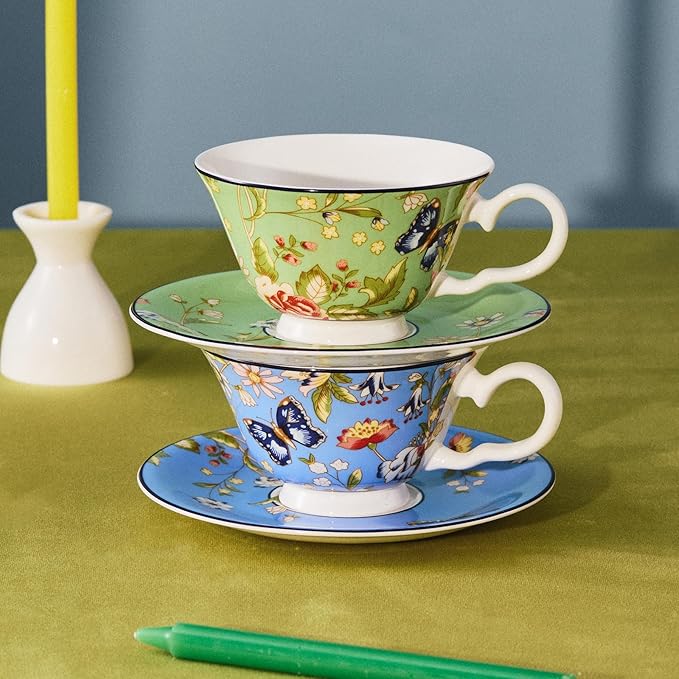 Aynsley Cottage Garden Windsor Fine Bone China English Tea Cup & Saucer Set, 7.4 oz(Green)