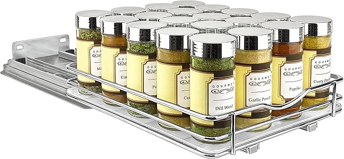 LYNK PROFESSIONAL® Pull Out Spice Rack Organizer for Inside Kitchen Cabinets - 8-3/8 inch Wide - Slide Out Drawer – Chrome Sliding Spice Cabinet Organization Shelf Racks - 1 Tier
