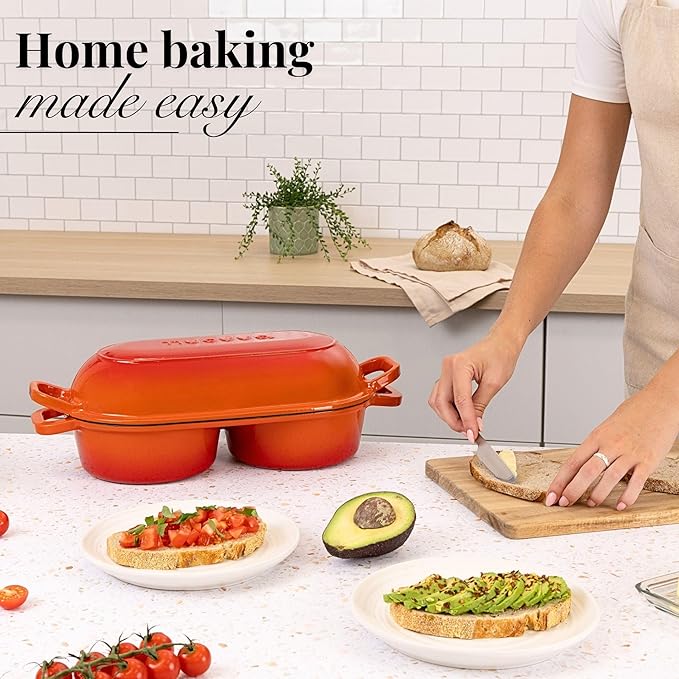 Dutch Oven For Sourdough Bread Baking – Enamelled Cast Iron Bread Loaf Pot – 500°F Oven Safe Non Stick Bread Pot – Double Round Loaf Space, 16.5cm Diameter, Orange, – by Nuovva