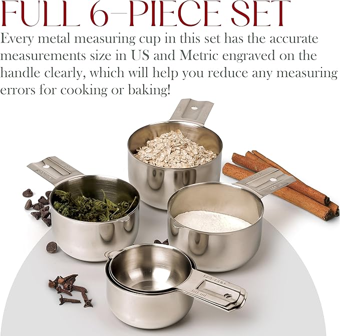 Bellemain One-Piece Stainless Steel Measuring Cups Set of 6 – Nesting Metal Measuring Cups for Kitchen – Dry & Liquid Measurements (ML & OZ), Rust-Resistant, Dishwasher Safe, Ergonomic Design